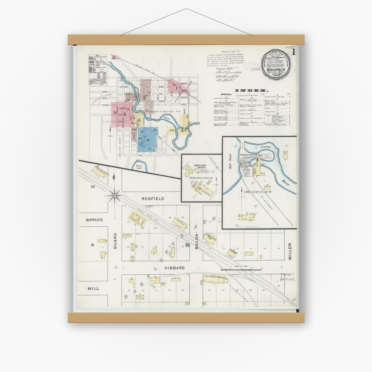 Old map wall art mockup — magnetic wood frame on white wall — Sanborn Fire Insurance Map from Waupaca, Waupaca County, Wisconsin (1891) - Complete Map Set