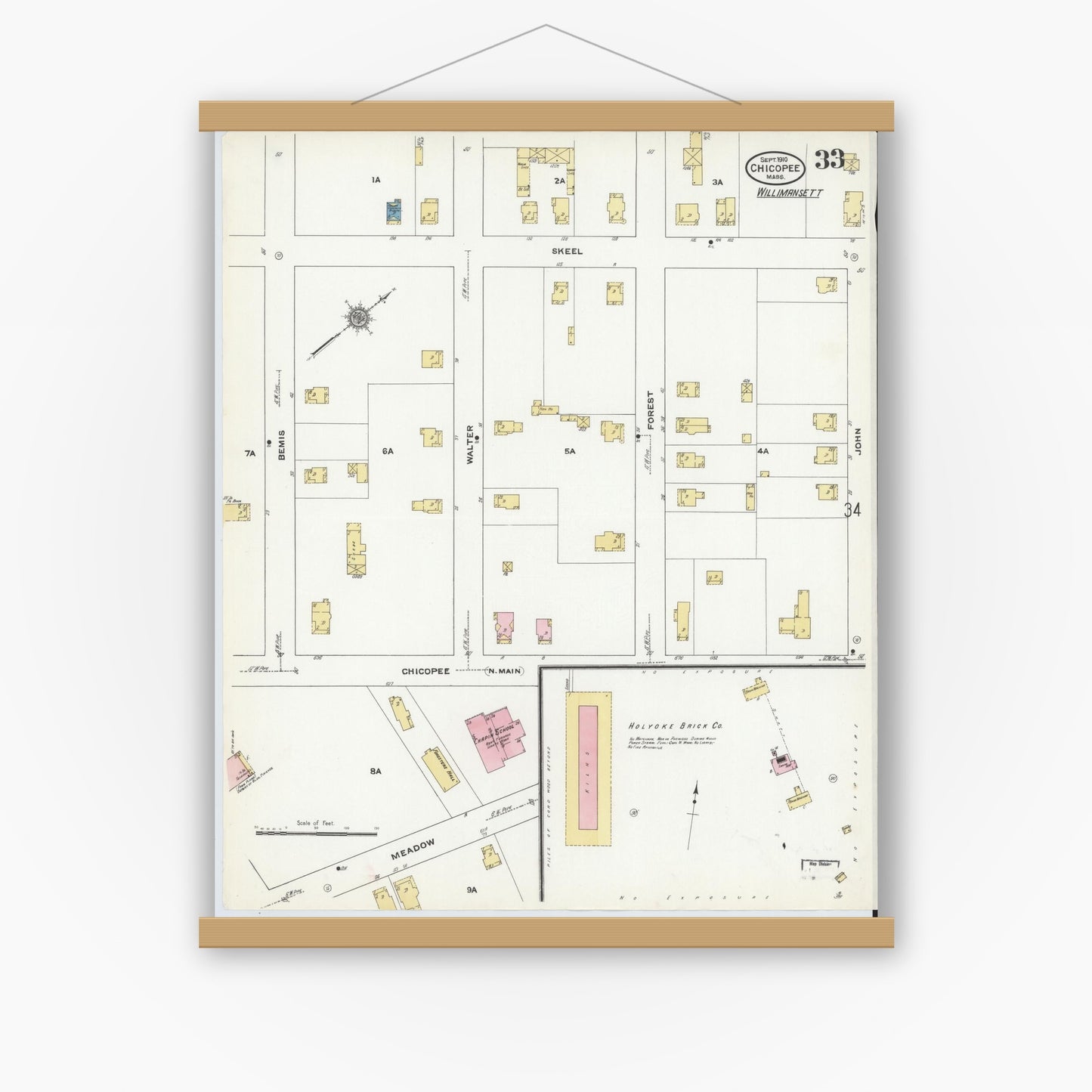 Old map wall art mockup — magnetic wood frame on white wall — Sanborn Fire Insurance Map from Chicopee, Hampden County, Massachusetts (1910), Sheet #0033