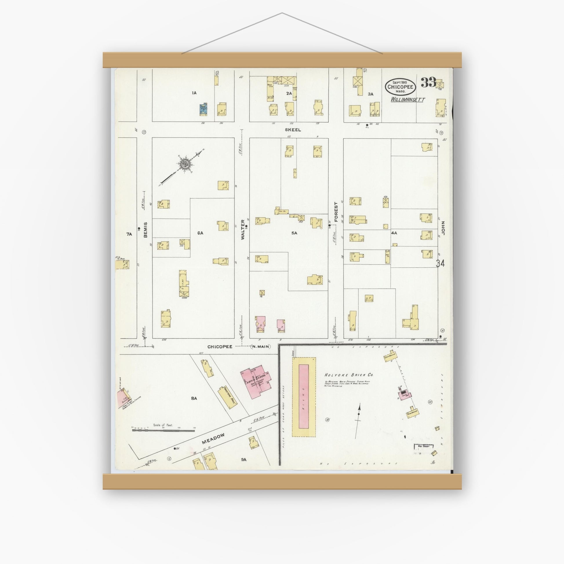 Old map wall art mockup — magnetic wood frame on white wall — Sanborn Fire Insurance Map from Chicopee, Hampden County, Massachusetts (1910), Sheet #0033