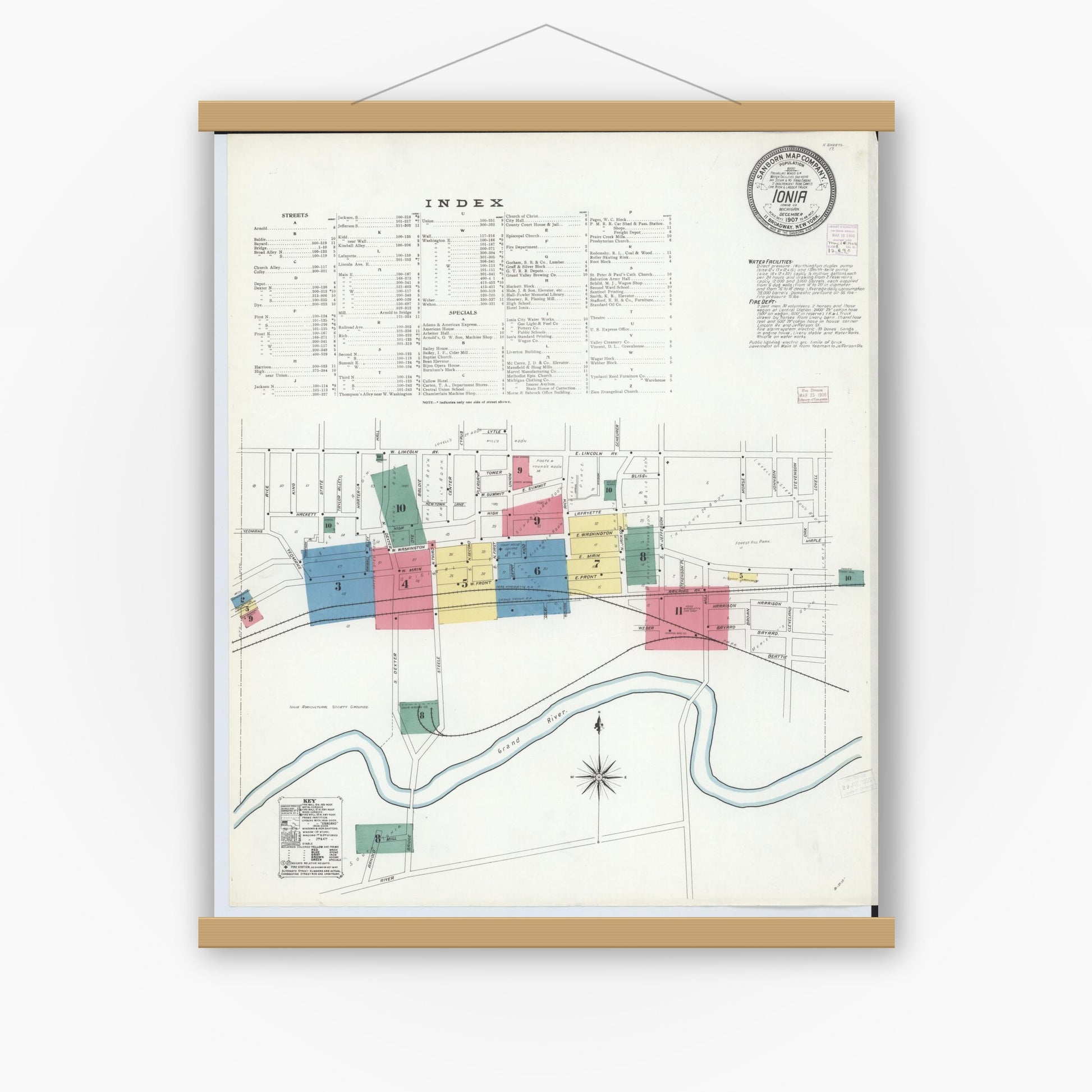Old map wall art mockup — magnetic wood frame on white wall — Sanborn Fire Insurance Map from Ionia, Ionia County, Michigan (1907) - Complete Map Set
