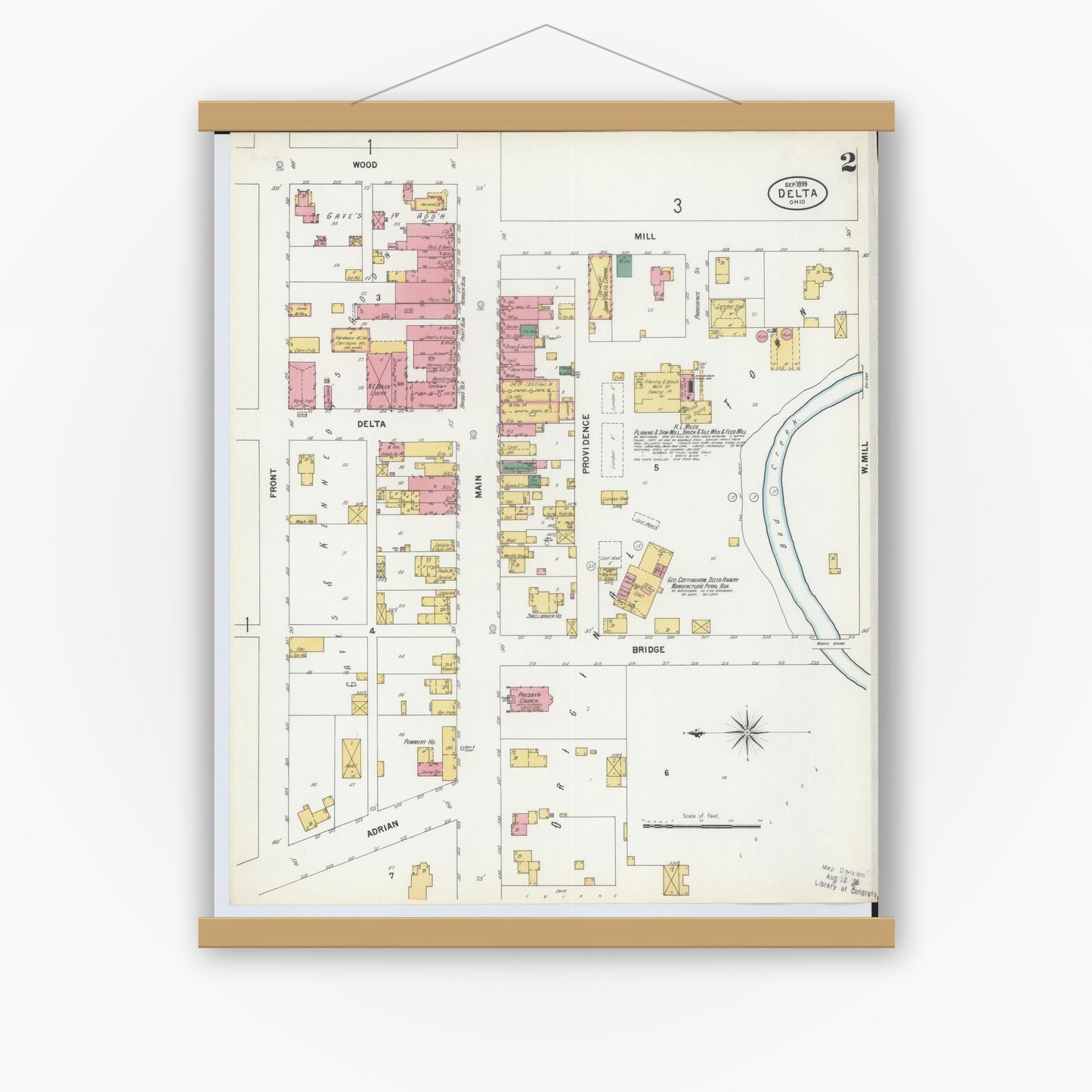 Old map wall art mockup — magnetic wood frame on white wall — Sanborn Fire Insurance Map from Delta, Fulton County, Ohio (1899), Sheet #0002