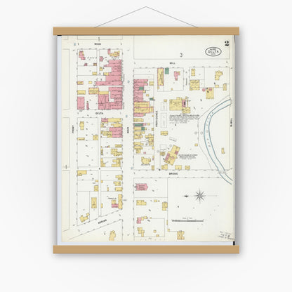 Old map wall art mockup — magnetic wood frame on white wall — Sanborn Fire Insurance Map from Delta, Fulton County, Ohio (1899), Sheet #0002