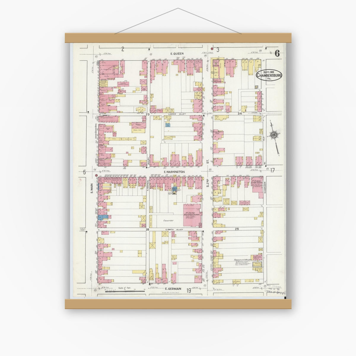 Old map wall art mockup — magnetic wood frame on white wall — Sanborn Fire Insurance Map from Chambersburg, Franklin County, Pennsylvania (1916), Sheet #0006