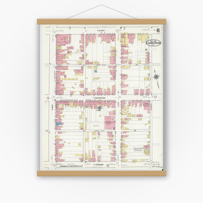 Old map wall art mockup — magnetic wood frame on white wall — Sanborn Fire Insurance Map from Chambersburg, Franklin County, Pennsylvania (1916), Sheet #0006