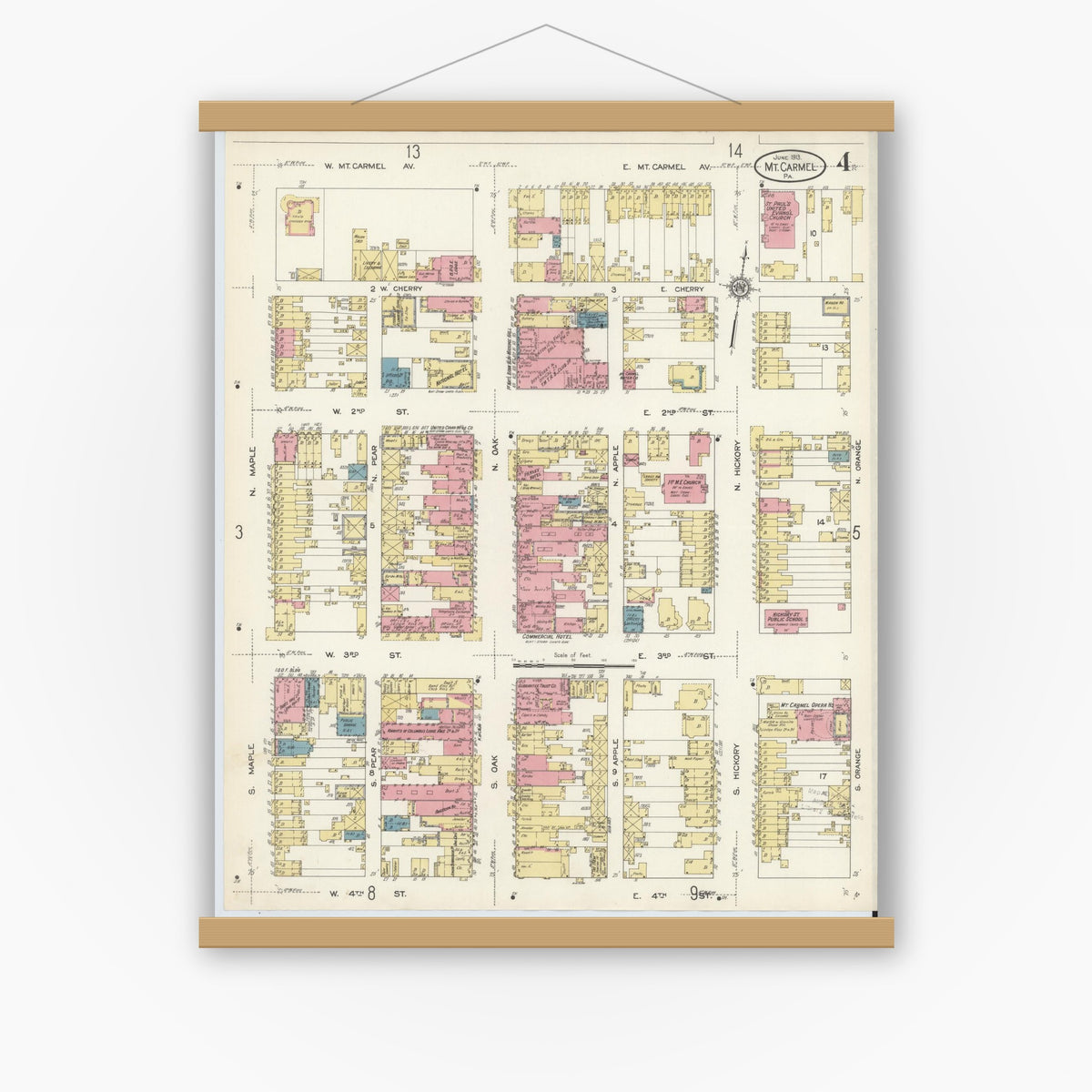 Old map wall art mockup — magnetic wood frame on white wall — Sanborn Fire Insurance Map from Mount Carmel, Northumberland County, Pennsylvania (1913), Sheet #0004