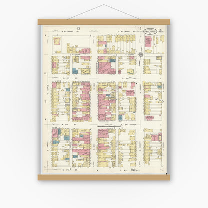 Old map wall art mockup — magnetic wood frame on white wall — Sanborn Fire Insurance Map from Mount Carmel, Northumberland County, Pennsylvania (1913), Sheet #0004