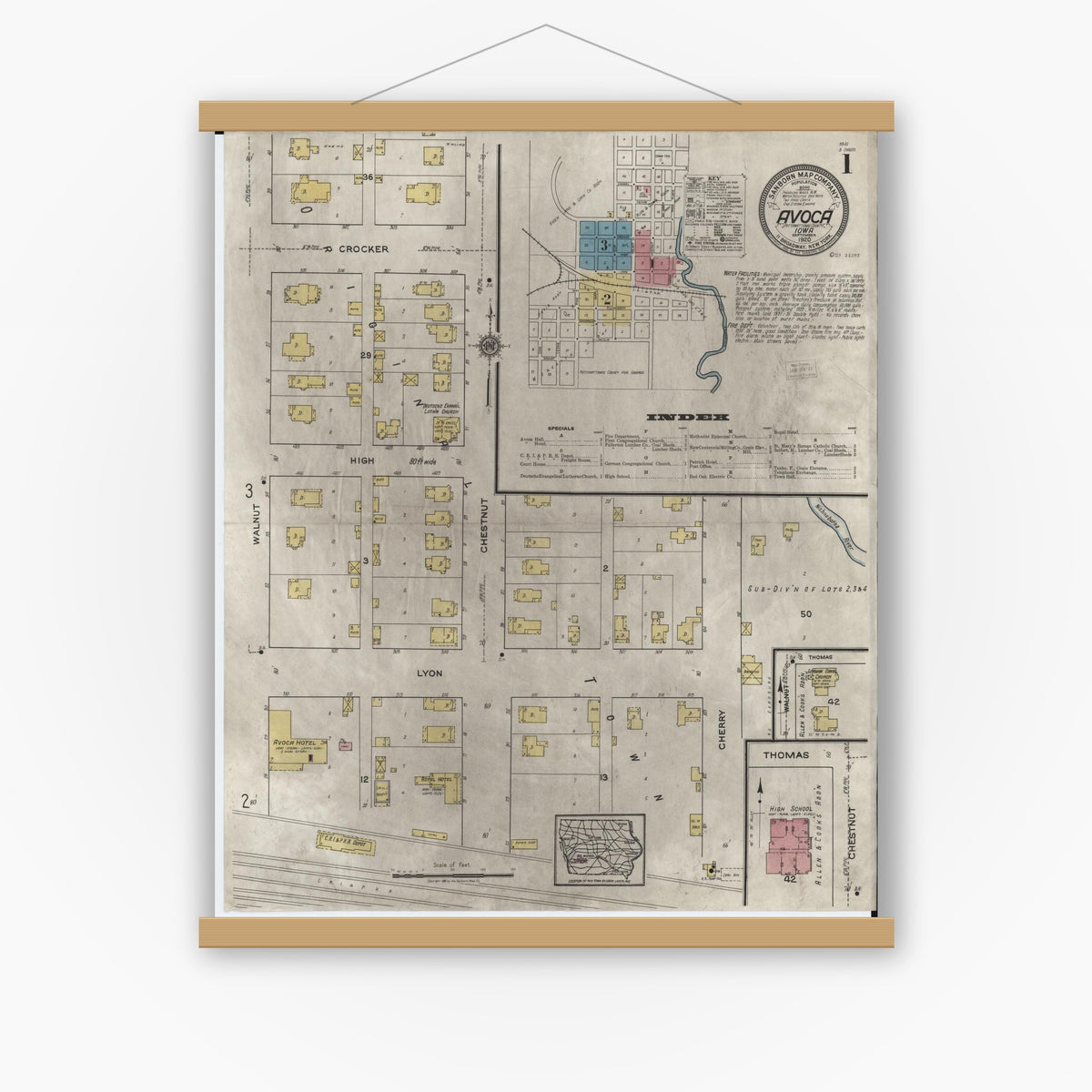 Old map wall art mockup — magnetic wood frame on white wall — Sanborn Fire Insurance Map from Avoca, Pottawattamie County, Iowa (1920) â€” Complete Set