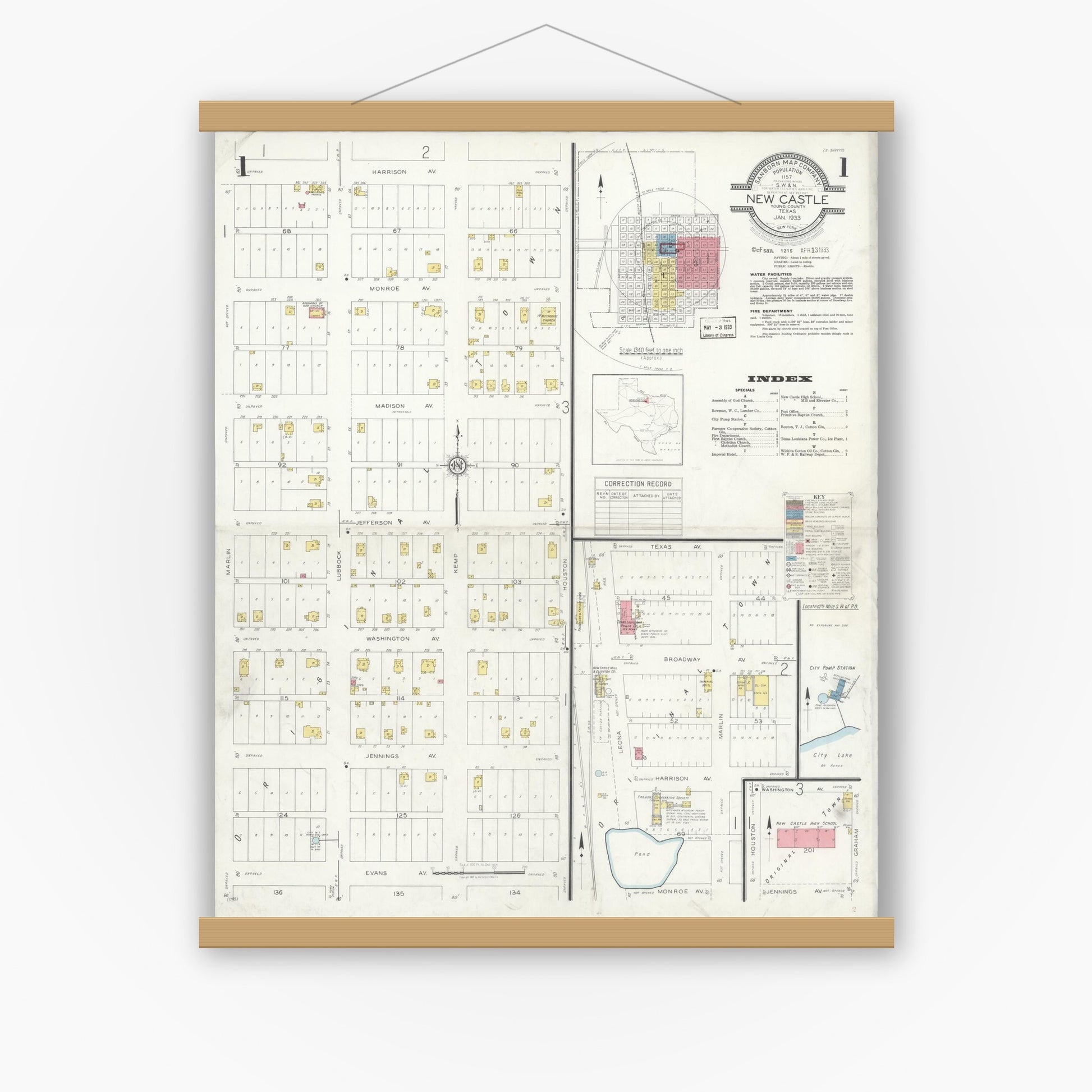 Old map wall art mockup — magnetic wood frame on white wall — Sanborn Fire Insurance Map from Newcastle, Young County, Texas (1933), Sheet #0001