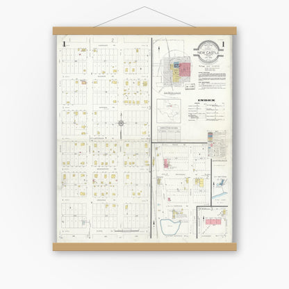 Old map wall art mockup — magnetic wood frame on white wall — Sanborn Fire Insurance Map from Newcastle, Young County, Texas (1933), Sheet #0001