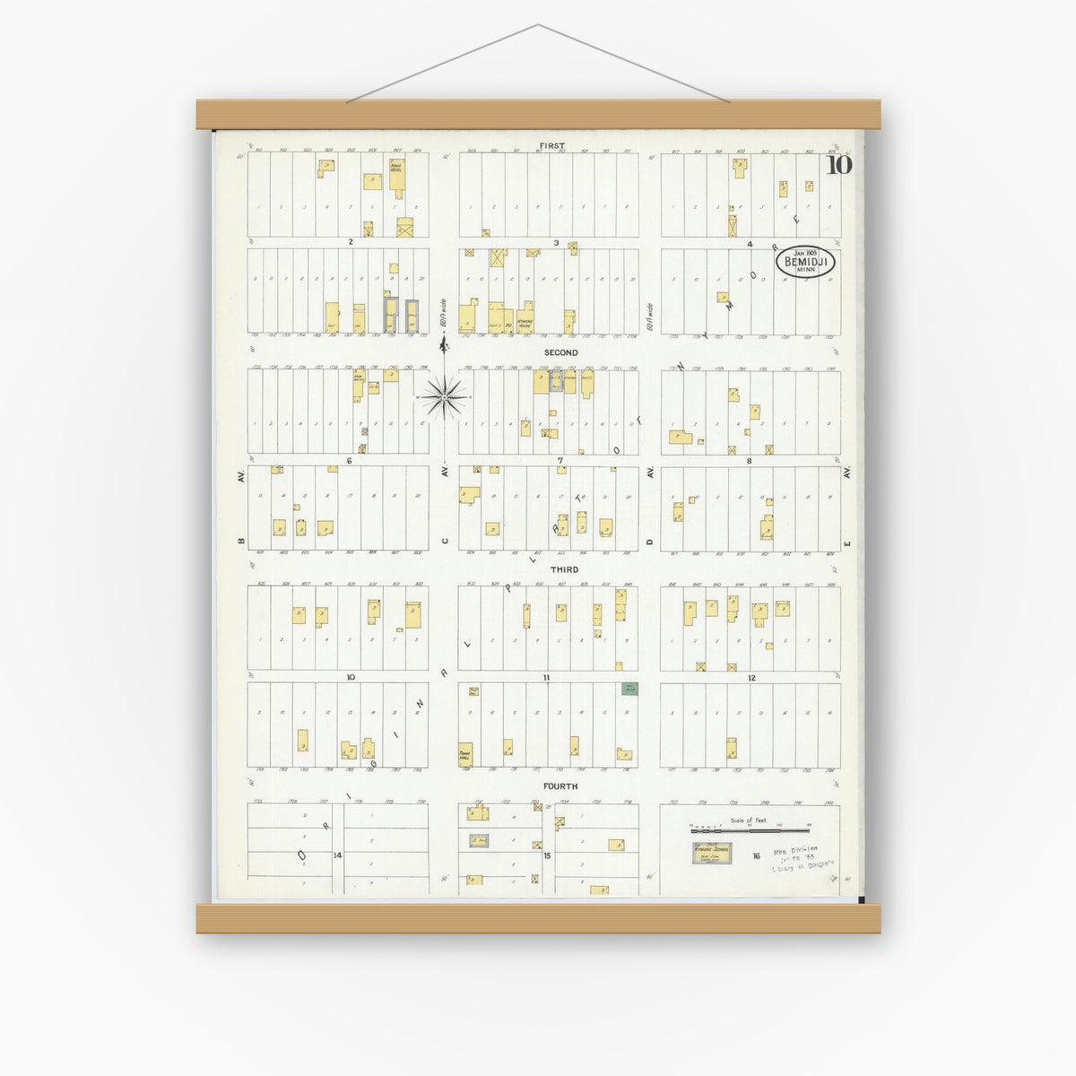 Old map wall art mockup — magnetic wood frame on white wall — Sanborn Fire Insurance Map from Bemidji, Beltrami County, Minnesota (1909), Sheet #0010