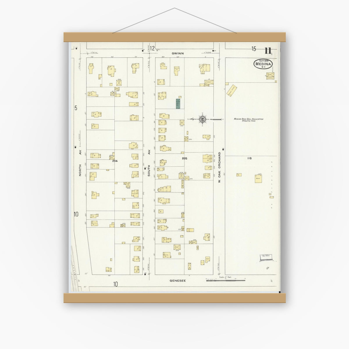 Old map wall art mockup — magnetic wood frame on white wall — Sanborn Fire Insurance Map from Medina, Orleans County, New York (1909), Sheet #0011