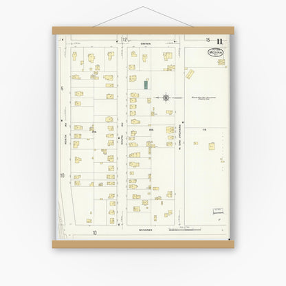 Old map wall art mockup — magnetic wood frame on white wall — Sanborn Fire Insurance Map from Medina, Orleans County, New York (1909), Sheet #0011