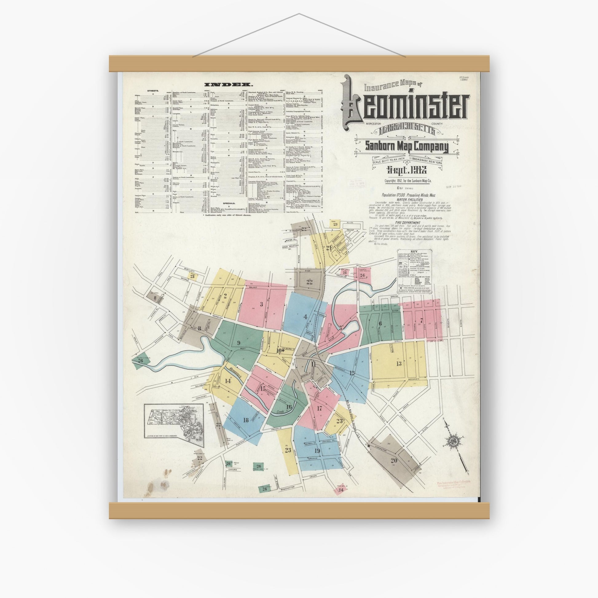 Old map wall art mockup — magnetic wood frame on white wall — Sanborn Fire Insurance Map from Leominster, Worcester County, Massachusetts (1912), Sheet #0001