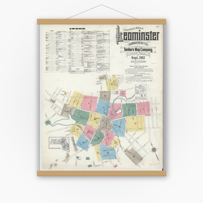 Old map wall art mockup — magnetic wood frame on white wall — Sanborn Fire Insurance Map from Leominster, Worcester County, Massachusetts (1912), Sheet #0001