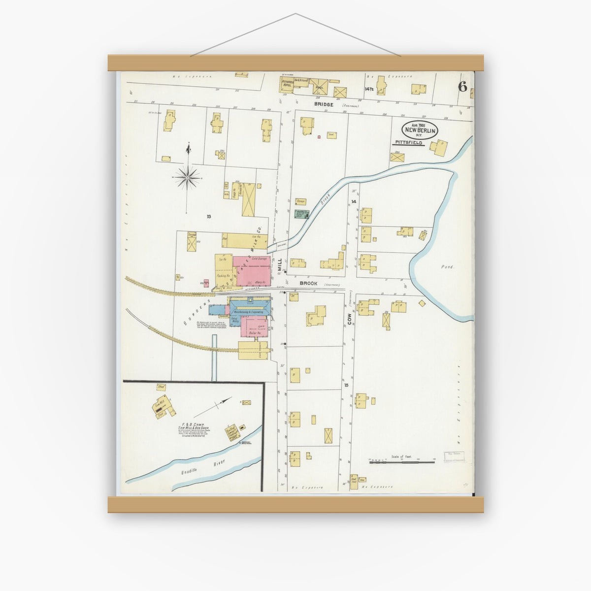 Old map wall art mockup — magnetic wood frame on white wall — Sanborn Fire Insurance Map from New Berlin, Chenango County, New York (1905), Sheet #0006