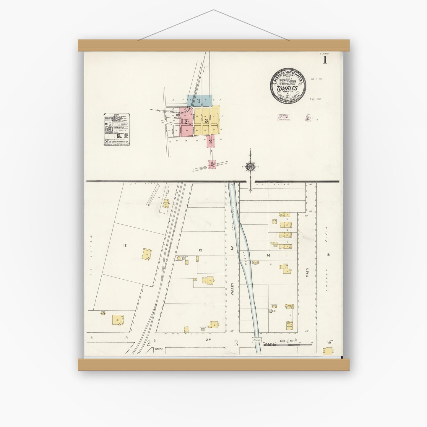 Old map wall art mockup — magnetic wood frame on white wall — Sanborn Fire Insurance Map from Tomales, Marin County, California (1911) - Complete Map Set
