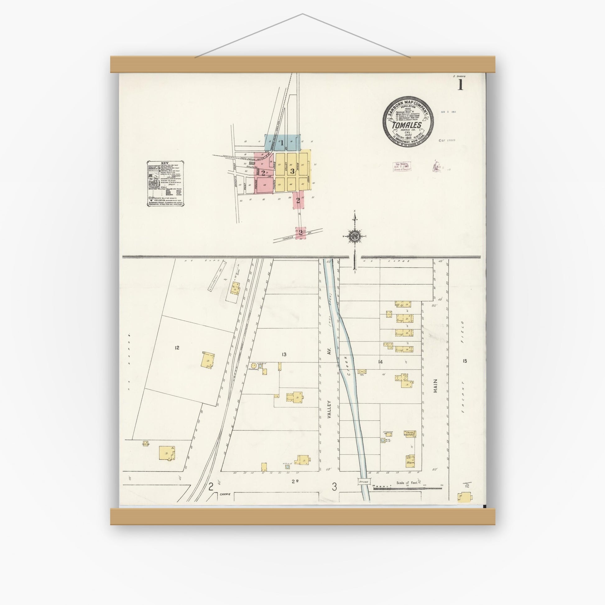 Old map wall art mockup — magnetic wood frame on white wall — Sanborn Fire Insurance Map from Tomales, Marin County, California (1911) - Complete Map Set