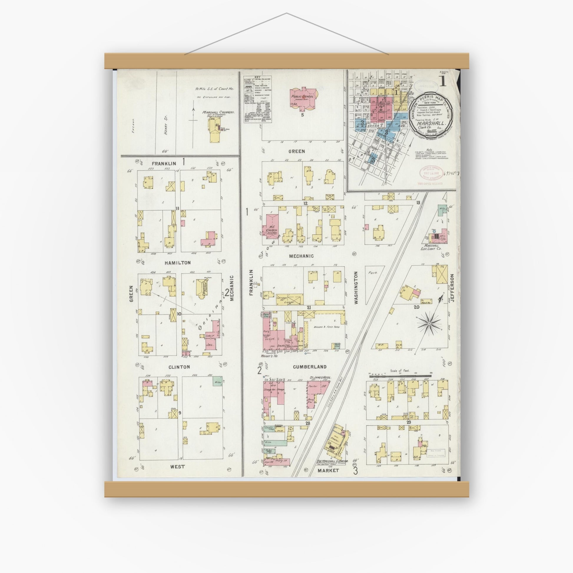Old map wall art mockup — magnetic wood frame on white wall — Sanborn Fire Insurance Map from Marshall, Clark County, Illinois (1897) - Complete Map Set