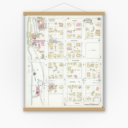 Old map wall art mockup — magnetic wood frame on white wall — Sanborn Fire Insurance Map from Watertown, Jefferson County, Wisconsin (1909), Sheet #0018