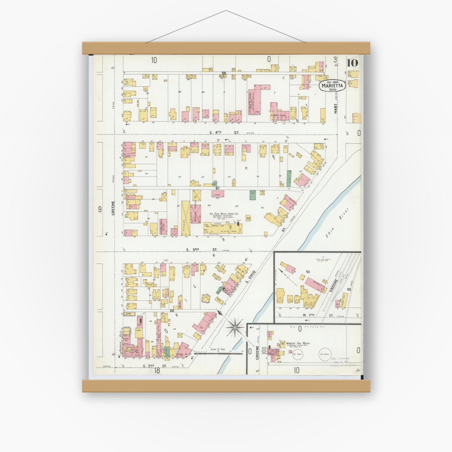 Old map wall art mockup — magnetic wood frame on white wall — Sanborn Fire Insurance Map from Marietta, Washington County, Ohio (1900), Sheet #0010