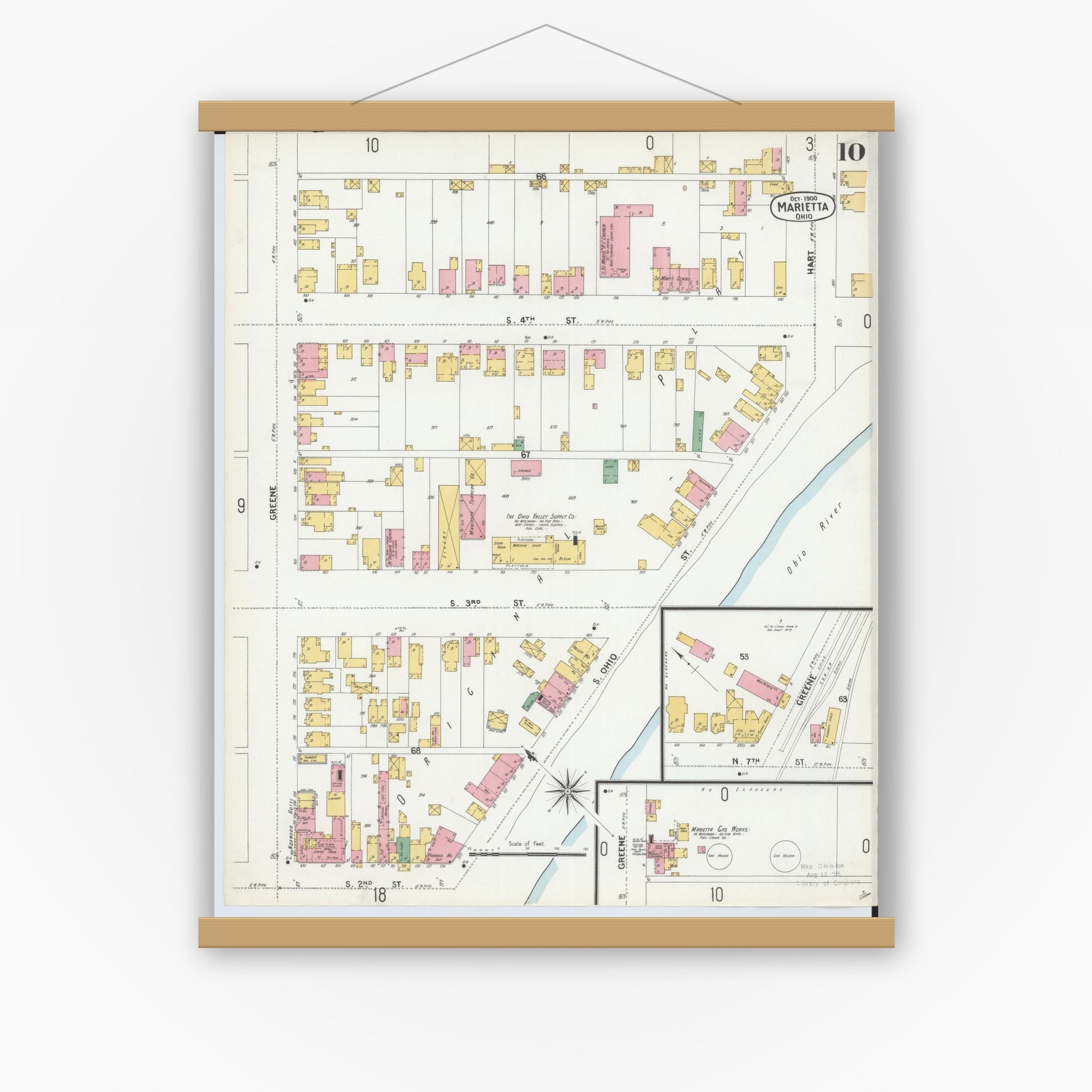 Old map wall art mockup — magnetic wood frame on white wall — Sanborn Fire Insurance Map from Marietta, Washington County, Ohio (1900), Sheet #0010
