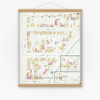 Old map wall art mockup — magnetic wood frame on white wall — Sanborn Fire Insurance Map from Marietta, Washington County, Ohio (1900), Sheet #0010
