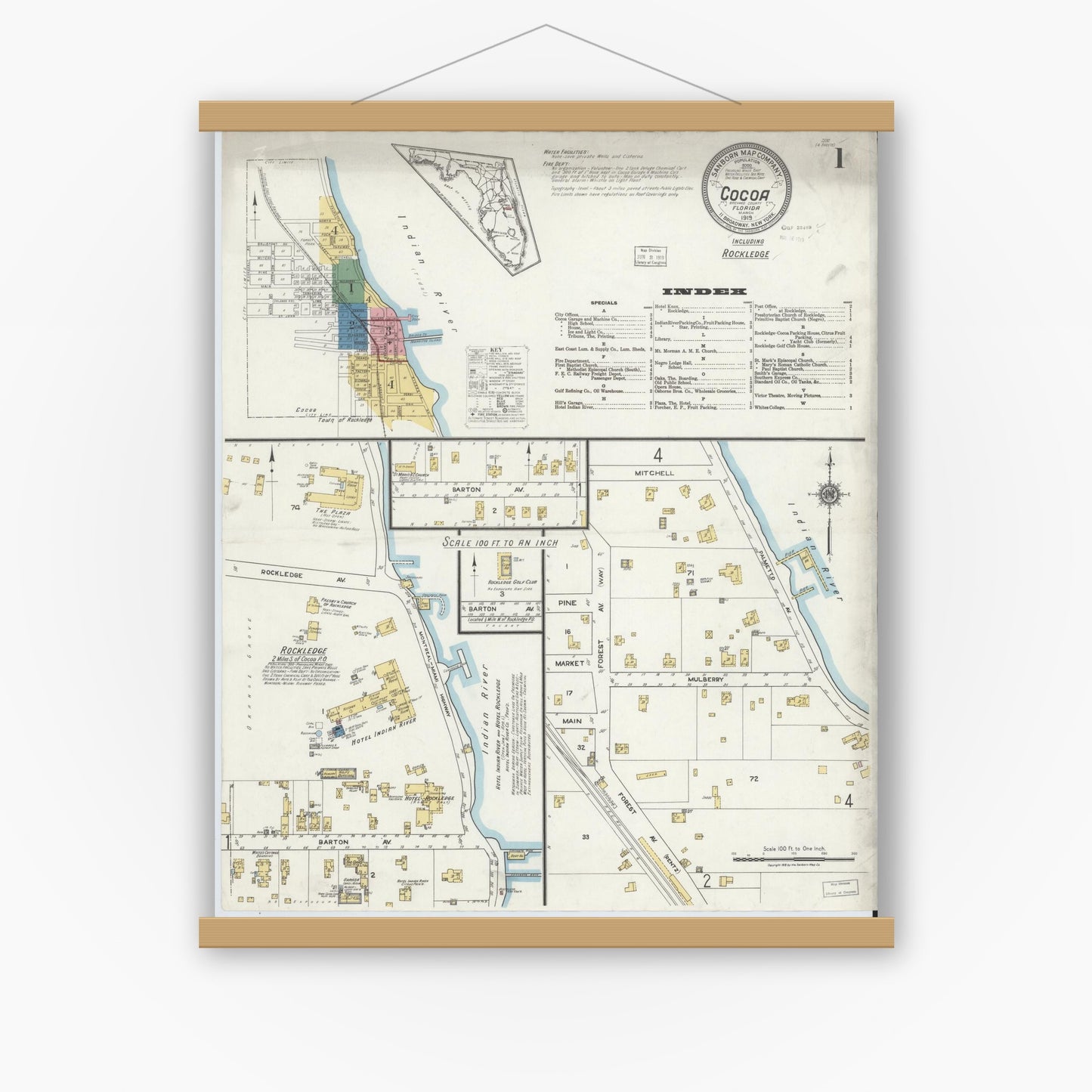 Old map wall art mockup — magnetic wood frame on white wall — Sanborn Fire Insurance Map from Cocoa, Brevard County, Florida (1919), Sheet #0001