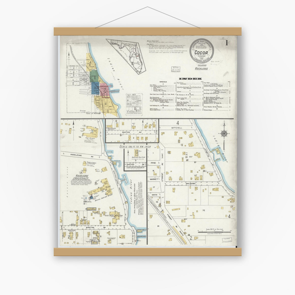 Old map wall art mockup — magnetic wood frame on white wall — Sanborn Fire Insurance Map from Cocoa, Brevard County, Florida (1919), Sheet #0001