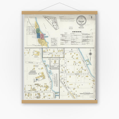 Old map wall art mockup — magnetic wood frame on white wall — Sanborn Fire Insurance Map from Cocoa, Brevard County, Florida (1919), Sheet #0001