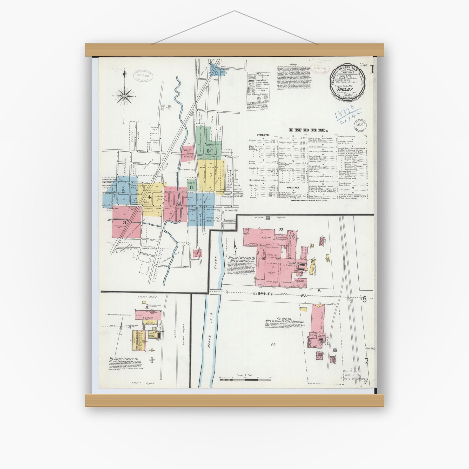 Old map wall art mockup — magnetic wood frame on white wall — Sanborn Fire Insurance Map from Shelby, Richland County, Ohio (1899), Sheet #0001