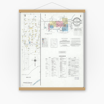 Old map wall art mockup — magnetic wood frame on white wall — Sanborn Fire Insurance Map from Baltimore, Fairfield County, Ohio (1946), Sheet #0001
