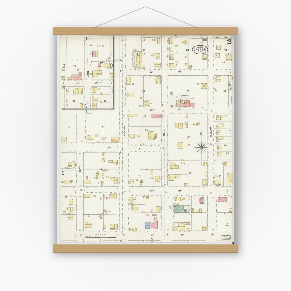 Old map wall art mockup — magnetic wood frame on white wall — Sanborn Fire Insurance Map from Jasper, Dubois County, Indiana (1898), Sheet #0002