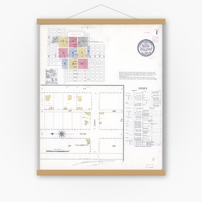 Old map wall art mockup — magnetic wood frame on white wall — Sanborn Fire Insurance Map from Willows, Glenn County, California (1907) - Complete Map Set