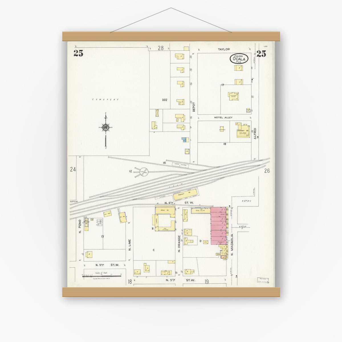 Old map wall art mockup — magnetic wood frame on white wall — Sanborn Fire Insurance Map from Ocala, Marion County, Florida (1924), Sheet #0025