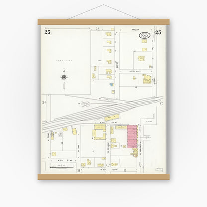 Old map wall art mockup — magnetic wood frame on white wall — Sanborn Fire Insurance Map from Ocala, Marion County, Florida (1924), Sheet #0025
