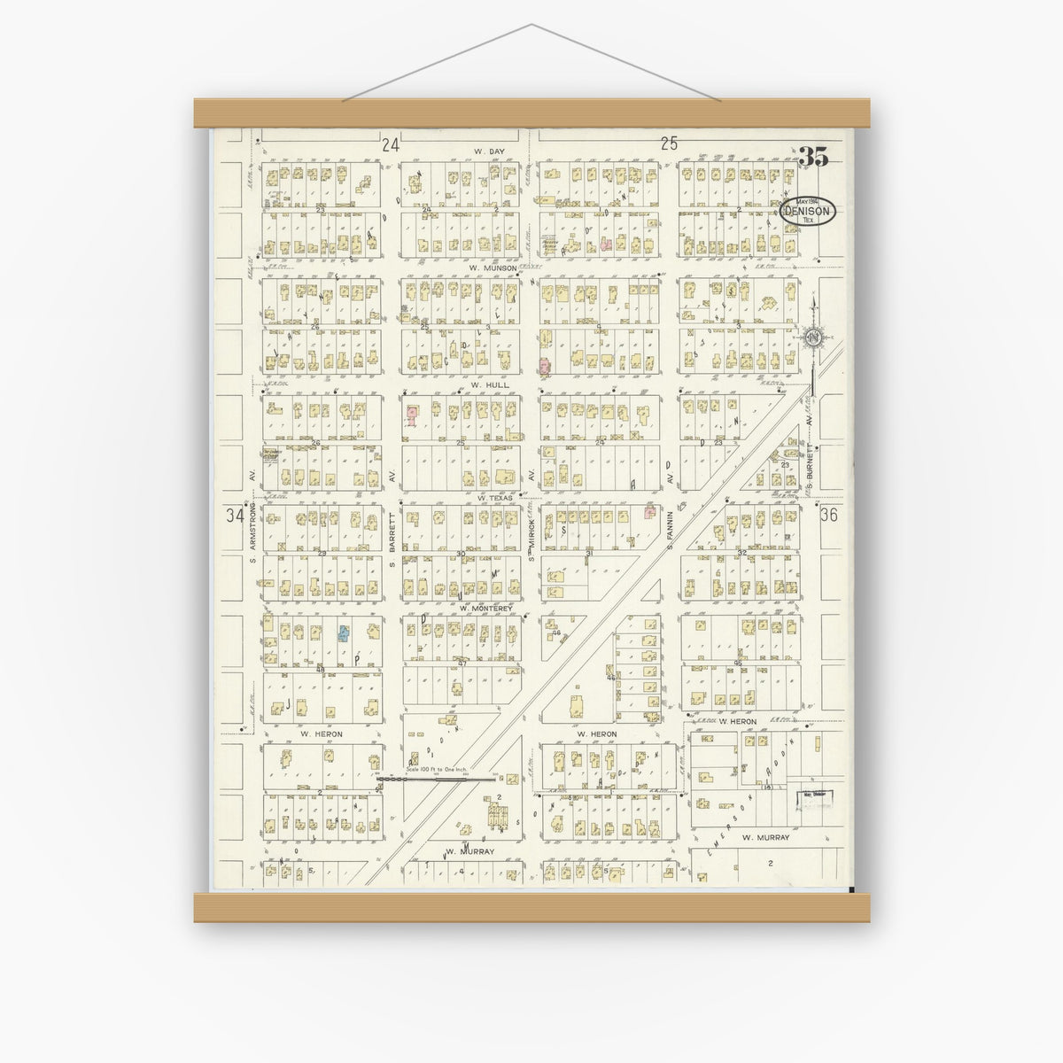 Old map wall art mockup — magnetic wood frame on white wall — Sanborn Fire Insurance Map from Denison, Grayson County, Texas (1914), Sheet #0035