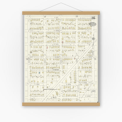 Old map wall art mockup — magnetic wood frame on white wall — Sanborn Fire Insurance Map from Denison, Grayson County, Texas (1914), Sheet #0035