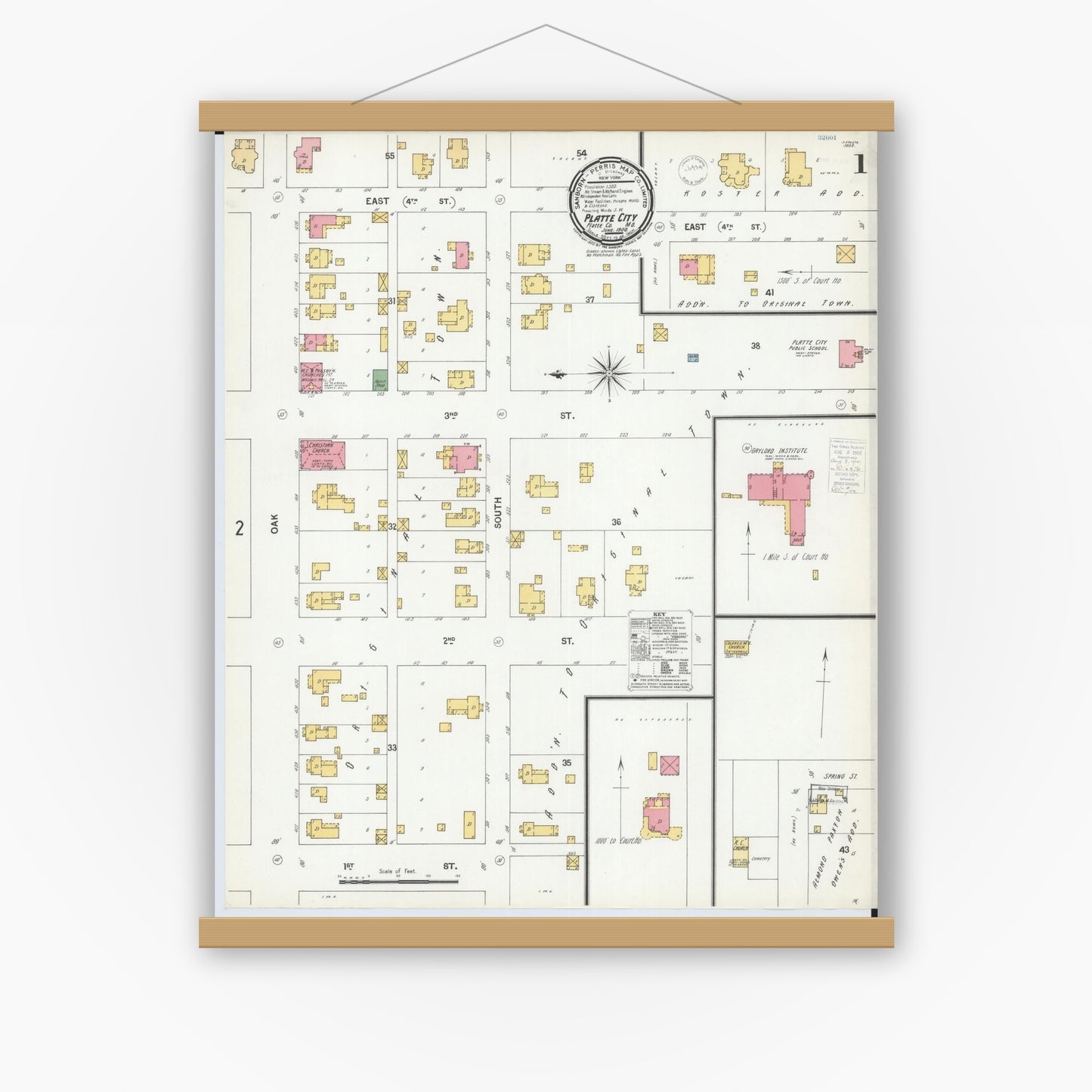 Old map wall art mockup — magnetic wood frame on white wall — Sanborn Fire Insurance Map from Platte City, Platte County, Missouri (1900), Sheet #0001