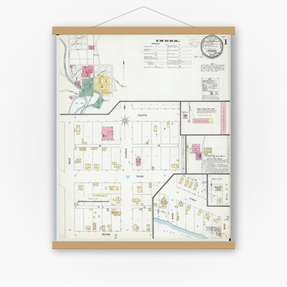 Old map wall art mockup — magnetic wood frame on white wall — Sanborn Fire Insurance Map from Jordan, Scott County, Minnesota (1899), Sheet #0001