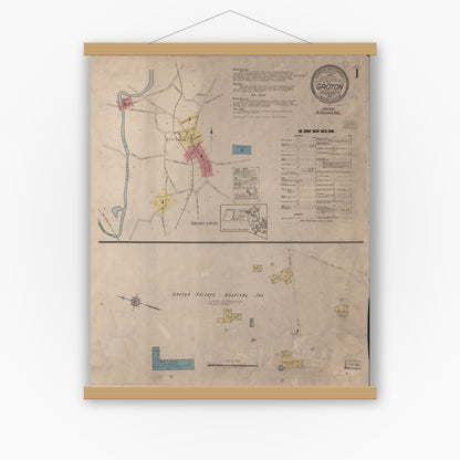 Old map wall art mockup — magnetic wood frame on white wall — Sanborn Fire Insurance Map from Groton, Middlesex County, Massachusetts (1921), Sheet #0001