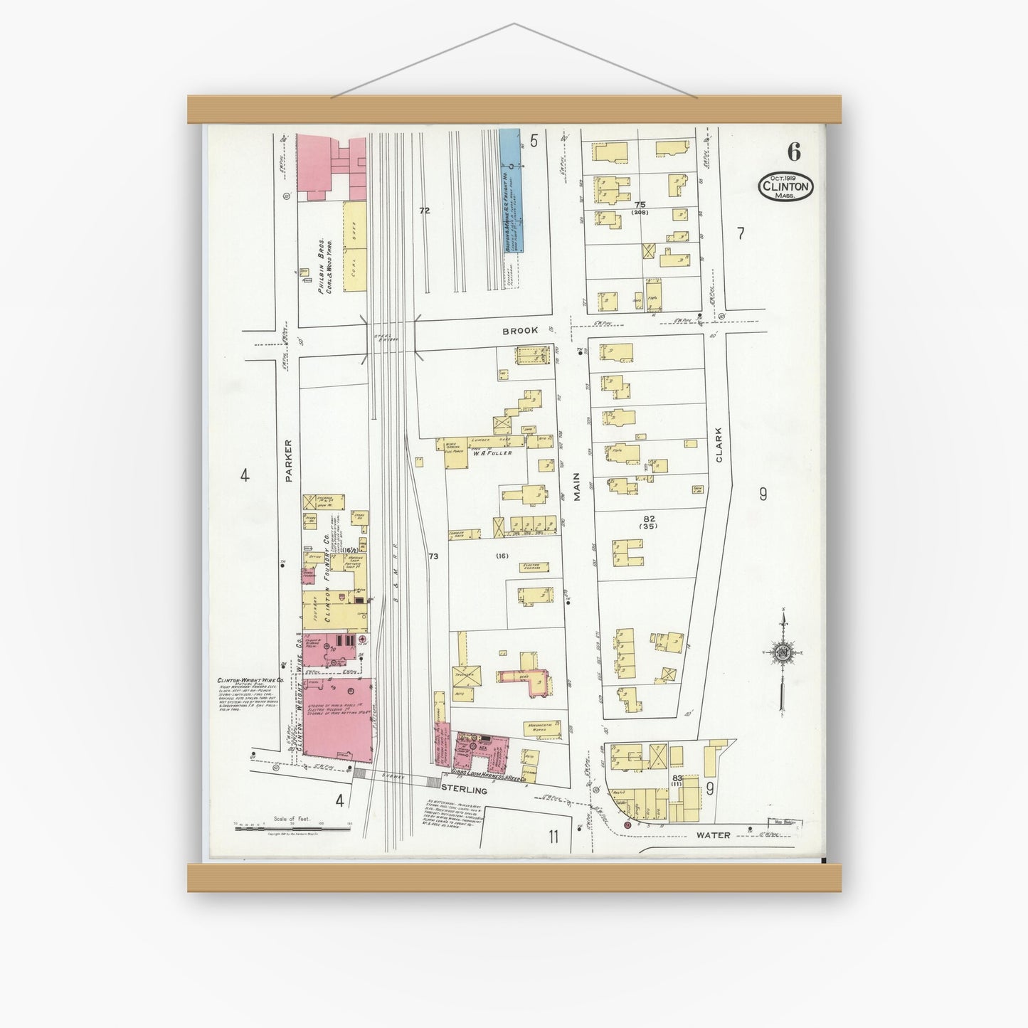 Old map wall art mockup — magnetic wood frame on white wall — Sanborn Fire Insurance Map from Clinton, Worcester County, Massachusetts (1919), Sheet #0006