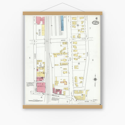 Old map wall art mockup — magnetic wood frame on white wall — Sanborn Fire Insurance Map from Clinton, Worcester County, Massachusetts (1919), Sheet #0006