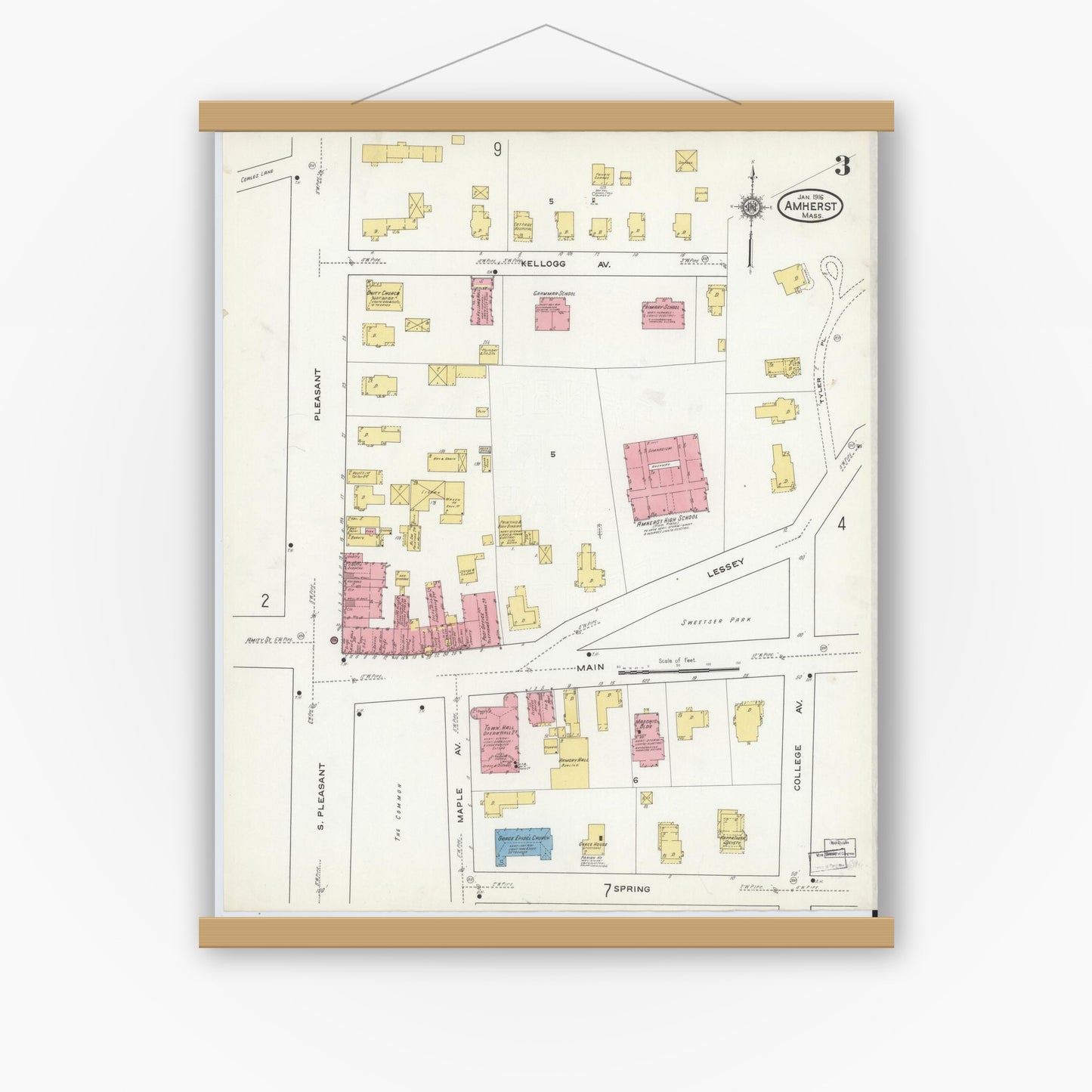 Old map wall art mockup — magnetic wood frame on white wall — Sanborn Fire Insurance Map from Amherst, Hampshire County, Massachusetts (1916), Sheet #0003