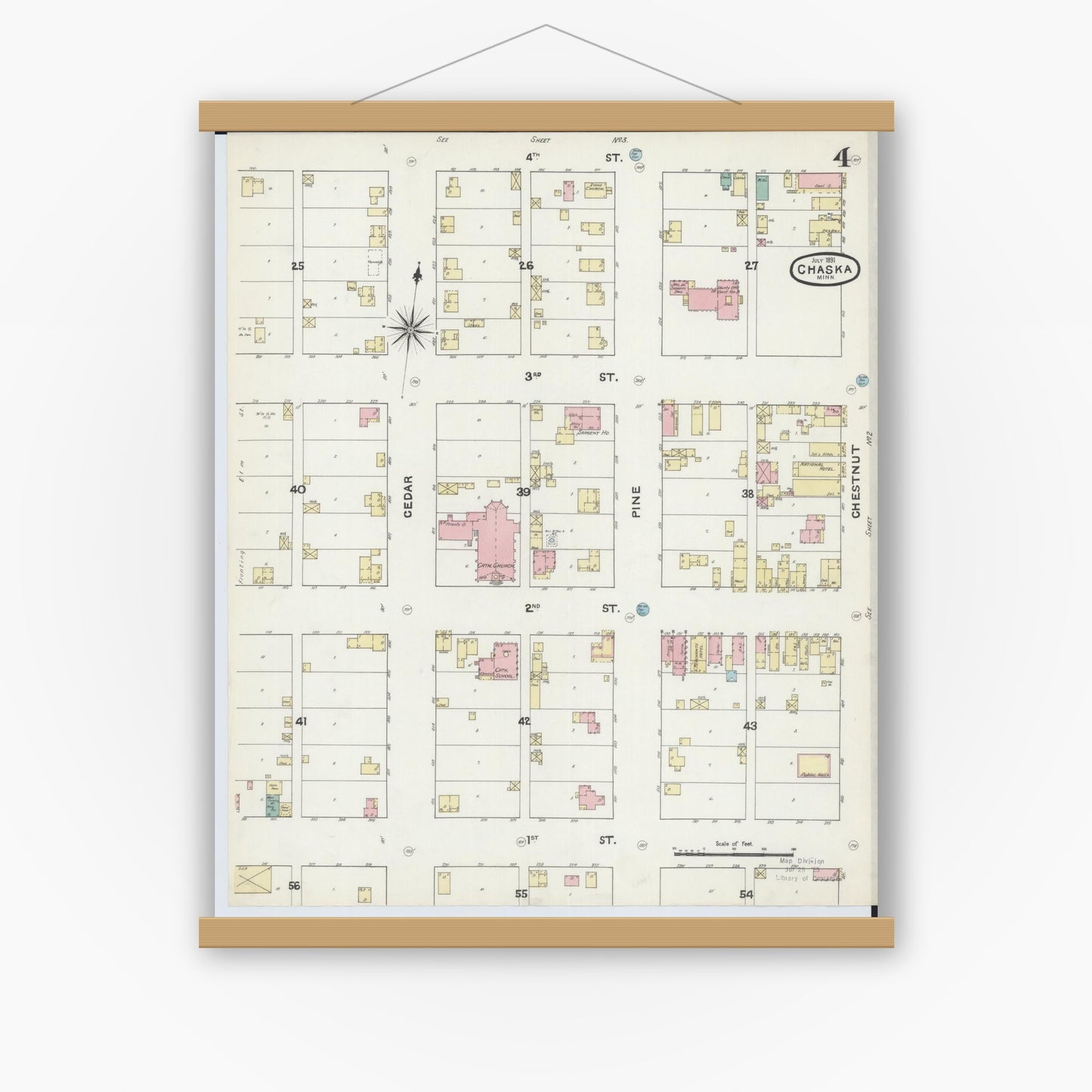 Old map wall art mockup — magnetic wood frame on white wall — Sanborn Fire Insurance Map from Chaska, Carver County, Minnesota (1891), Sheet #0004