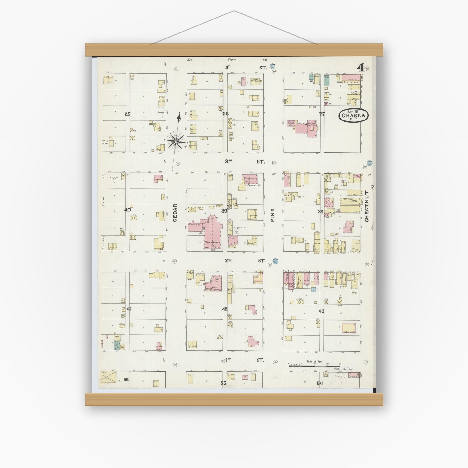 Old map wall art mockup — magnetic wood frame on white wall — Sanborn Fire Insurance Map from Chaska, Carver County, Minnesota (1891), Sheet #0004