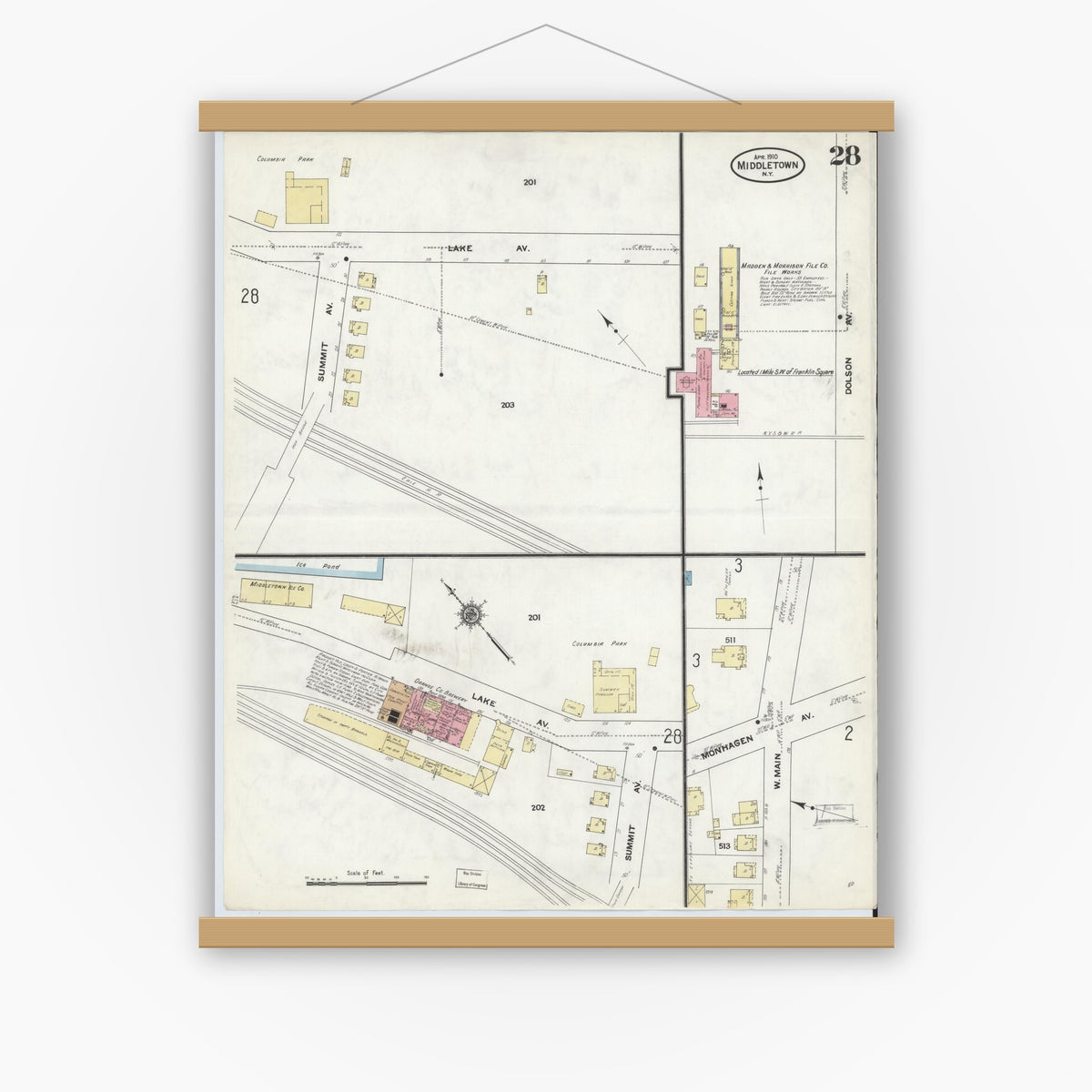 Old map wall art mockup — magnetic wood frame on white wall — Sanborn Fire Insurance Map from Middletown, Orange County, New York (1910), Sheet #0028