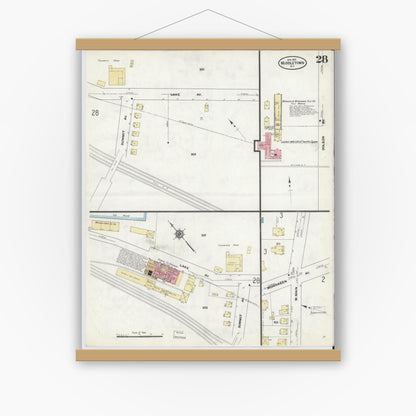 Old map wall art mockup — magnetic wood frame on white wall — Sanborn Fire Insurance Map from Middletown, Orange County, New York (1910), Sheet #0028