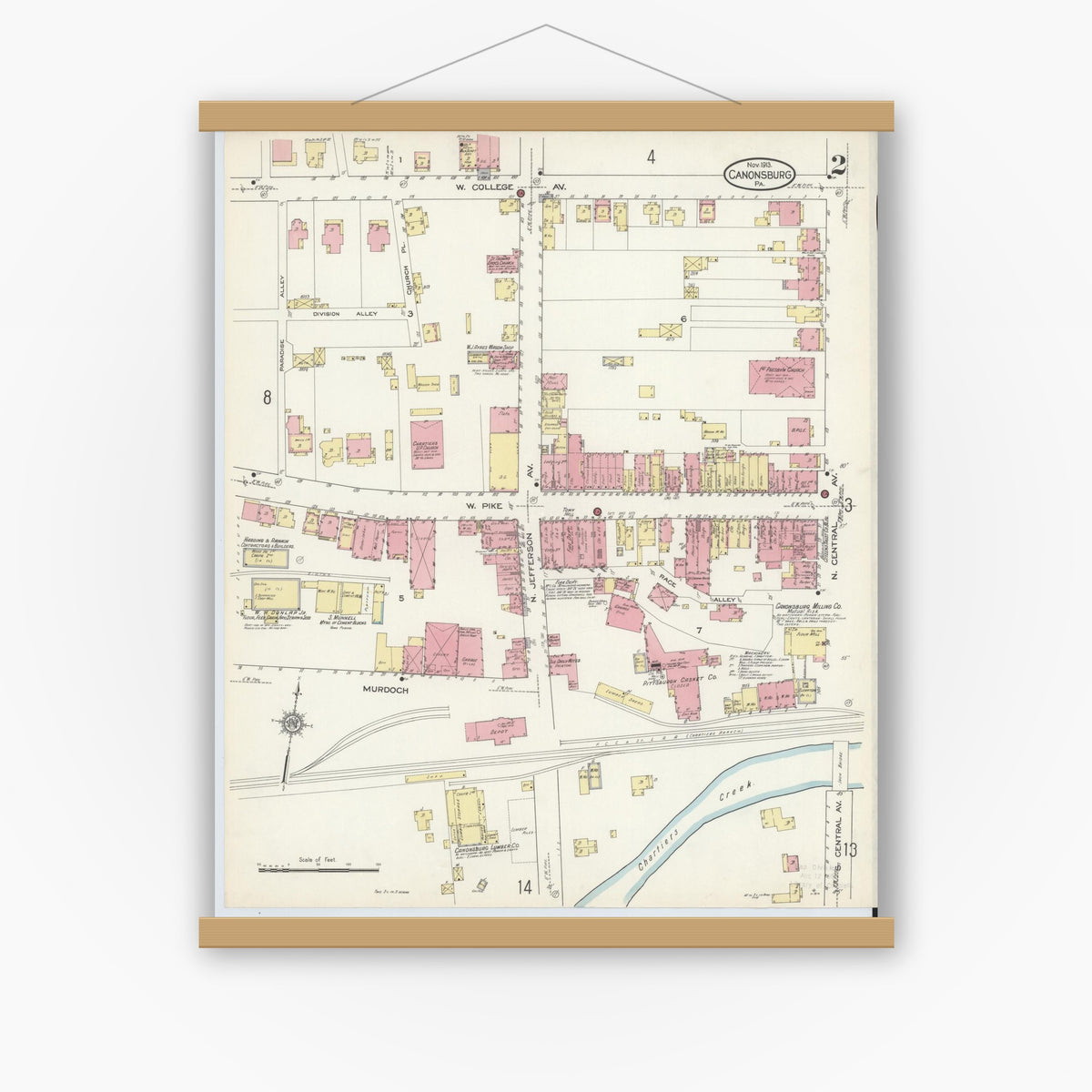 Old map wall art mockup — magnetic wood frame on white wall — Sanborn Fire Insurance Map from Canonsburg, Washington County, Pennsylvania (1913), Sheet #0002