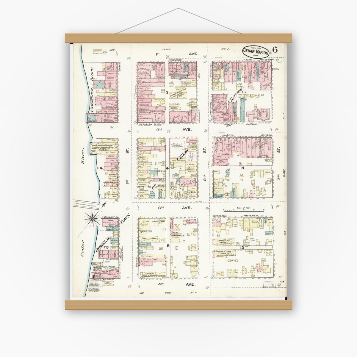 Old map wall art mockup — magnetic wood frame on white wall — Sanborn Fire Insurance Map from Cedar Rapids, Linn County, Iowa (1884), Sheet #0006