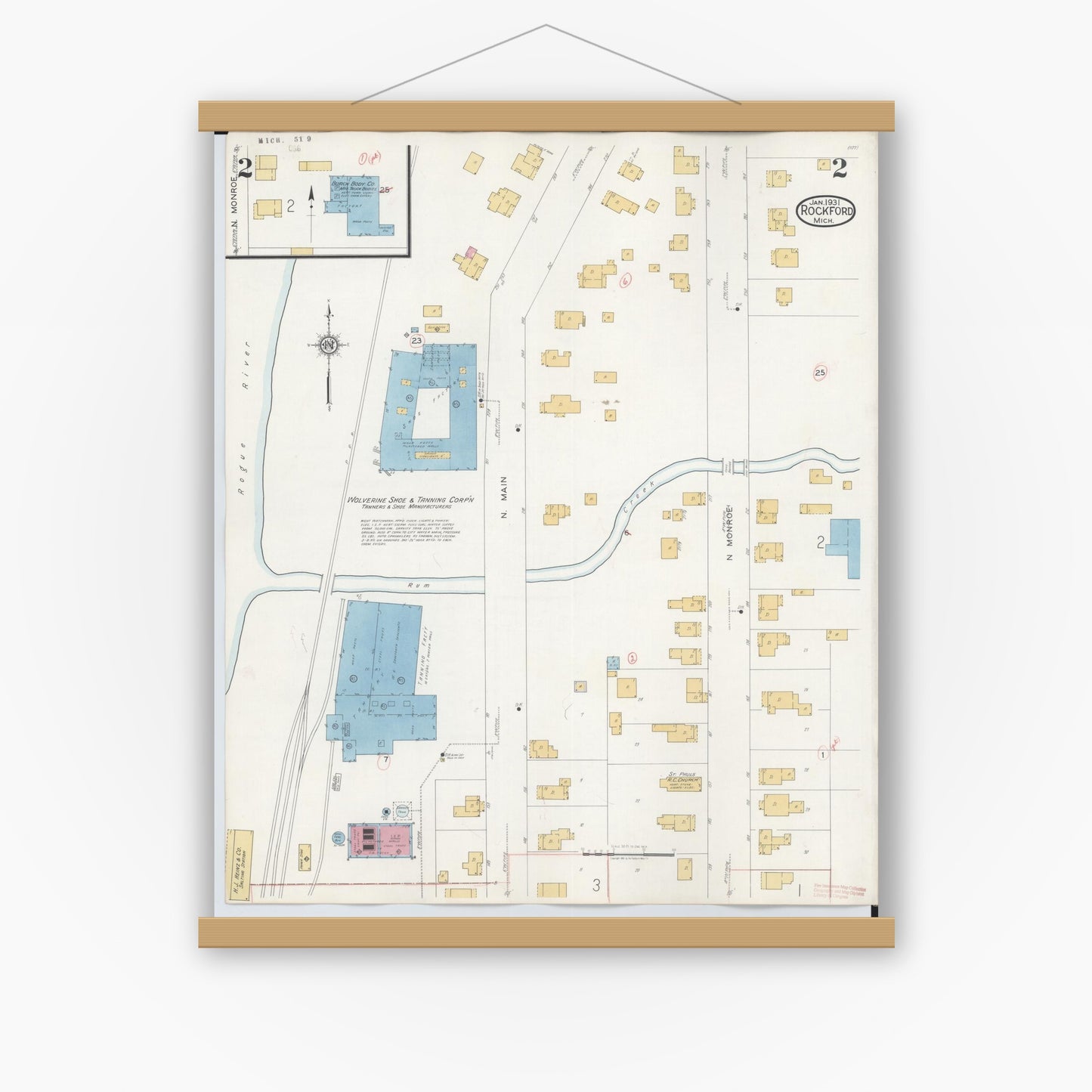 Old map wall art mockup — magnetic wood frame on white wall — Sanborn Fire Insurance Map from Rockford, Kent County, Michigan (1931), Sheet #0002